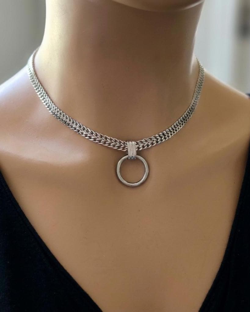 Steel Woven Chain Mens & Womens Day Collar Choker Necklace - Permanent Locking Option - Romantic Couples Devotion Style Jewelry