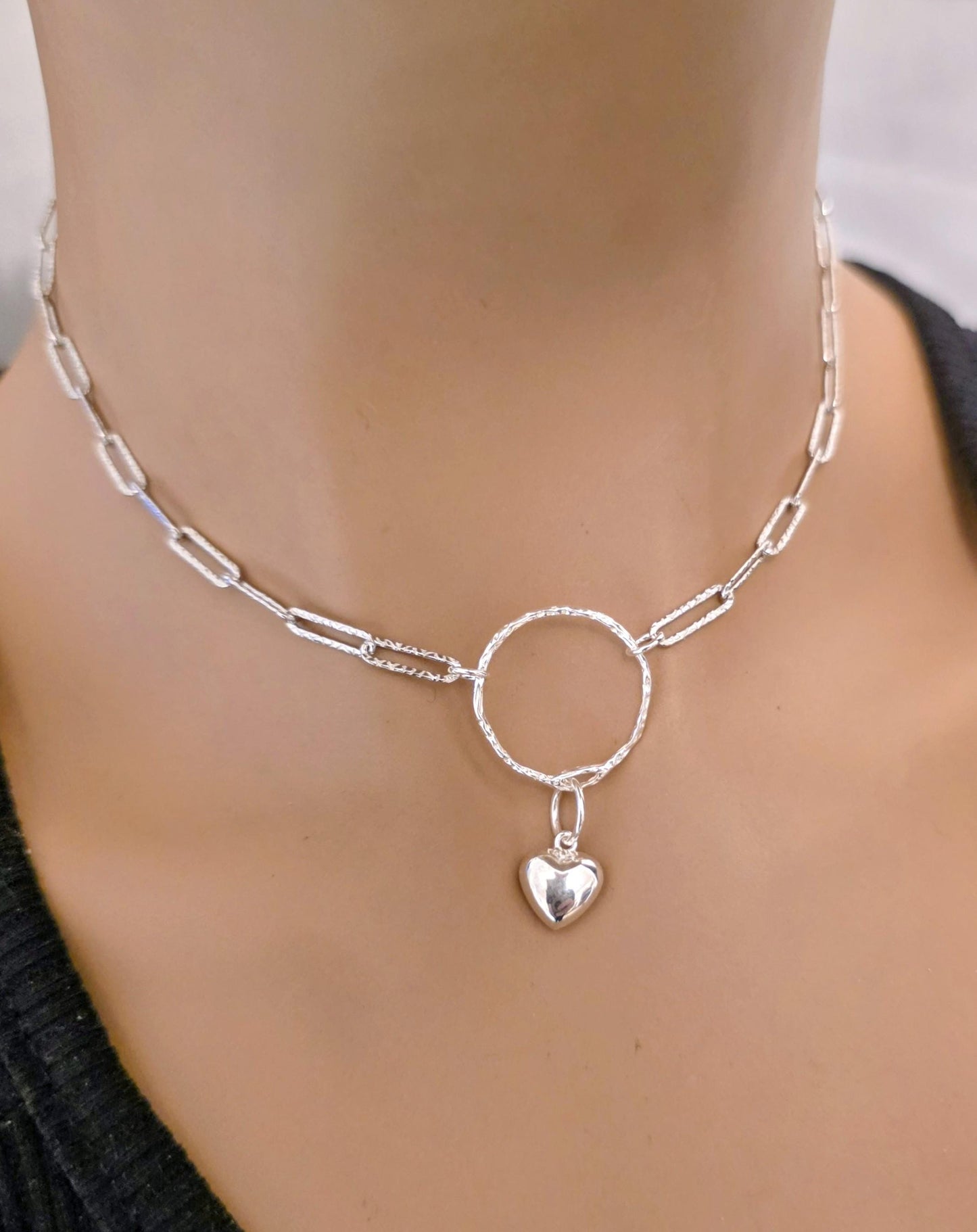 Sterling Silver Day Collar O Ring Necklace with Heart Charm, Romantic Partner Jewelry