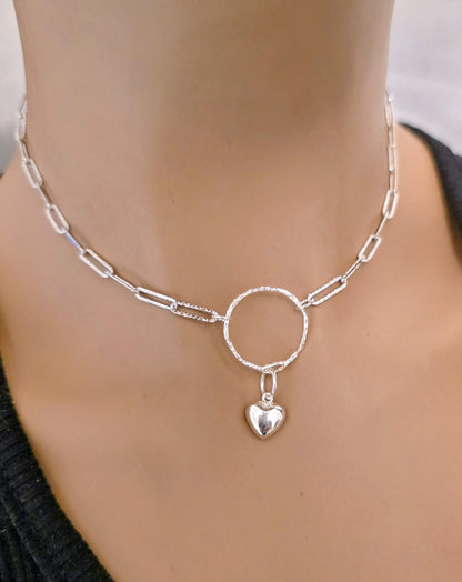 Sterling Silver Day Collar O Ring Necklace with Heart Charm, Romantic Partner Jewelry