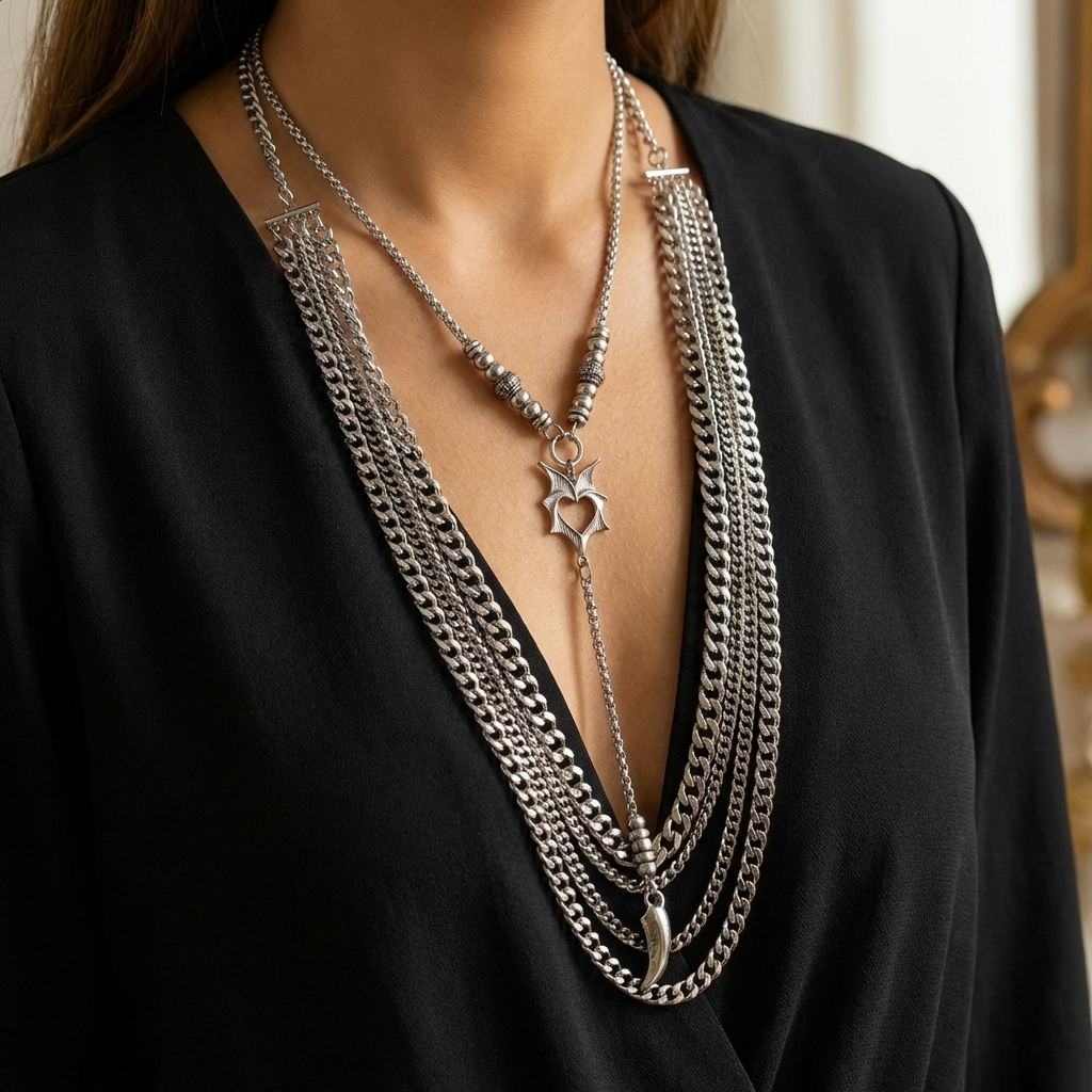 Person wearing multiple silver necklaces with a star pendant on a black outfit.