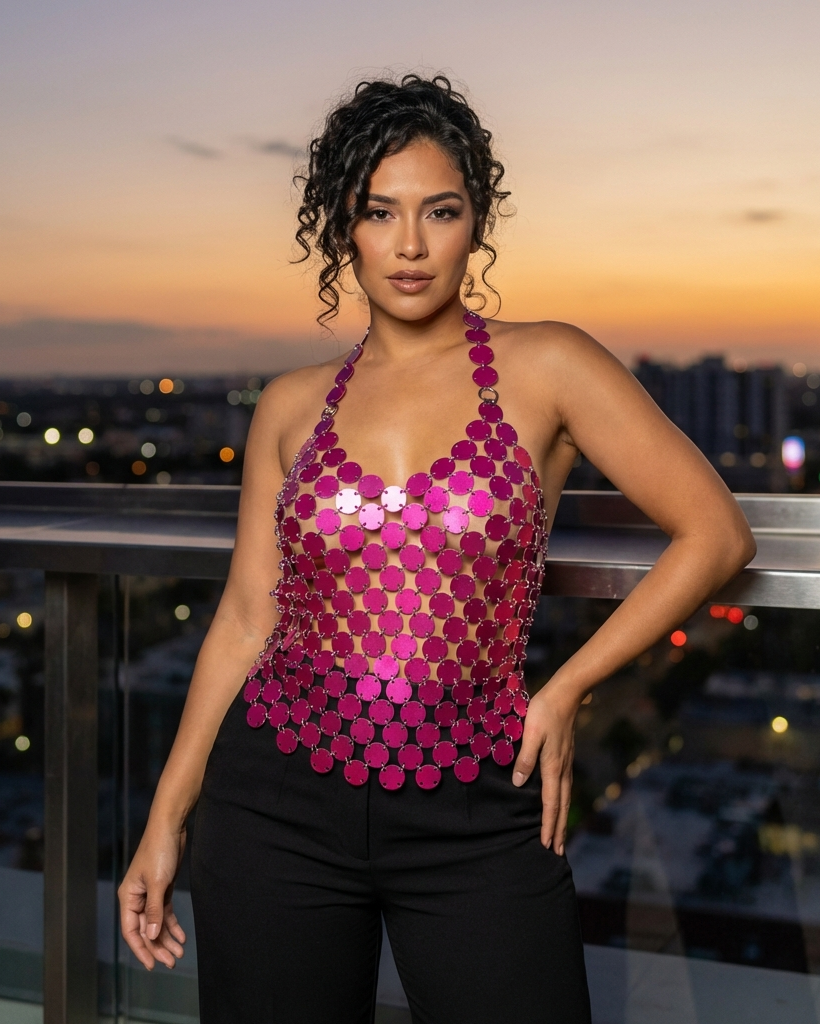 Hot Pink Disc Body Chain Halter Top  – Festival Gala Goddess Formal Accessory