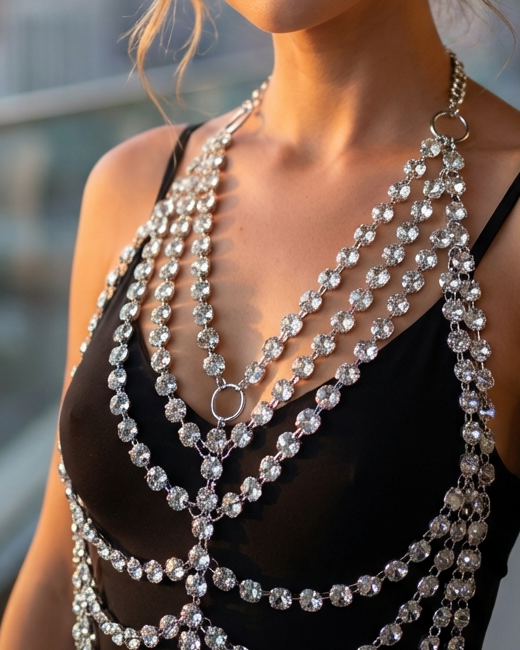 Crystal & Chain Body Harness – Diamond Glass & Stainless Steel Adornment