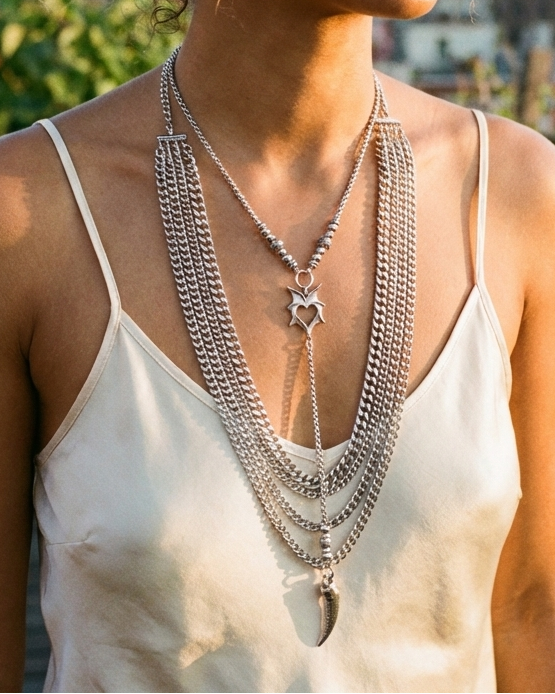 Woman wearing layered necklaces with a cityscape in the background