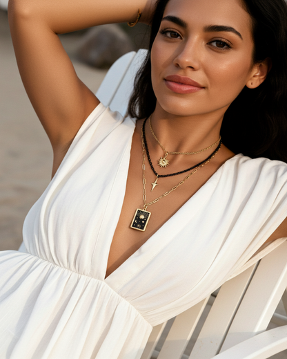 Himmlischer Mond, Sonne, Sterne Gold & Schwarz Nordische geschichtete Halskette | Wikinger-inspiriertes himmlisches Amulett