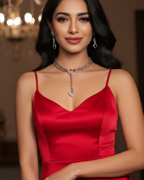 Slip Chain Lariat Leash Collar Choker Hearts Layered Necklace