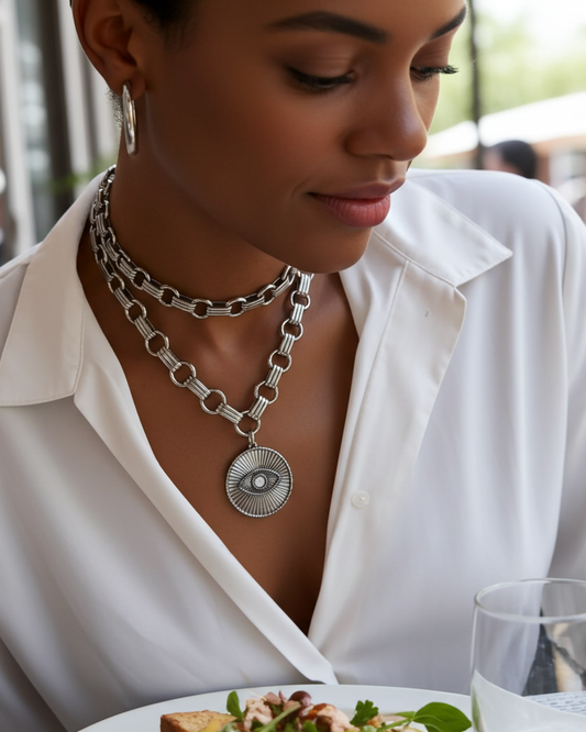 Multi Strang Handcrafted Chainmail Evil Eye Amulett Choker Halskette Set