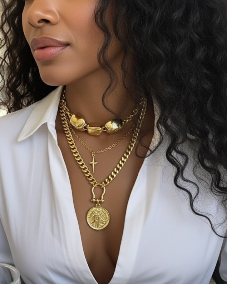 Gold Layered Multi Strand Chunky Chain Necklace Set with Coin Medallion, North Star Polaris, and Gold Nuggets