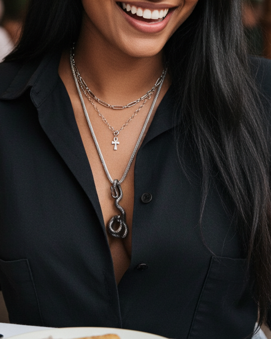 Snake Goth Punk Necklace Layered Multi Strand Set with Ankh