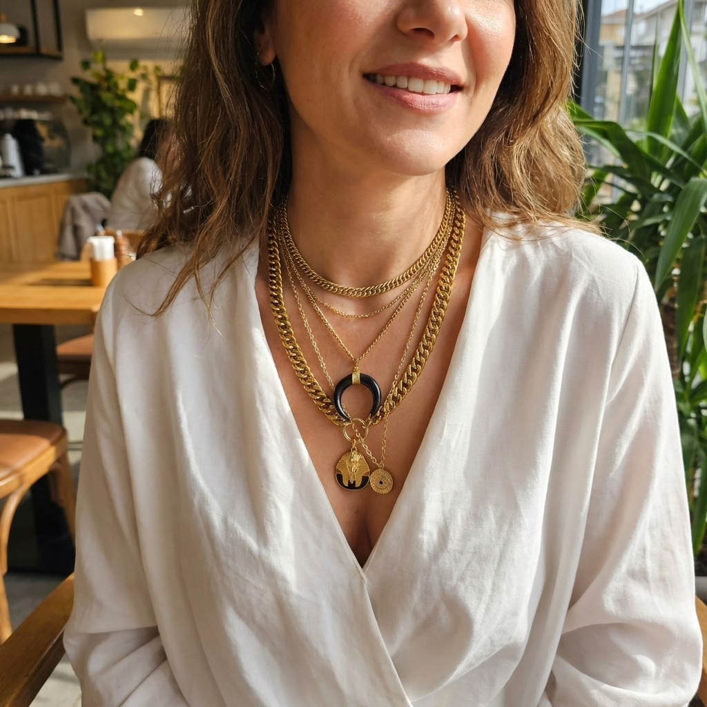 Woman wearing multiple gold necklaces in a casual setting