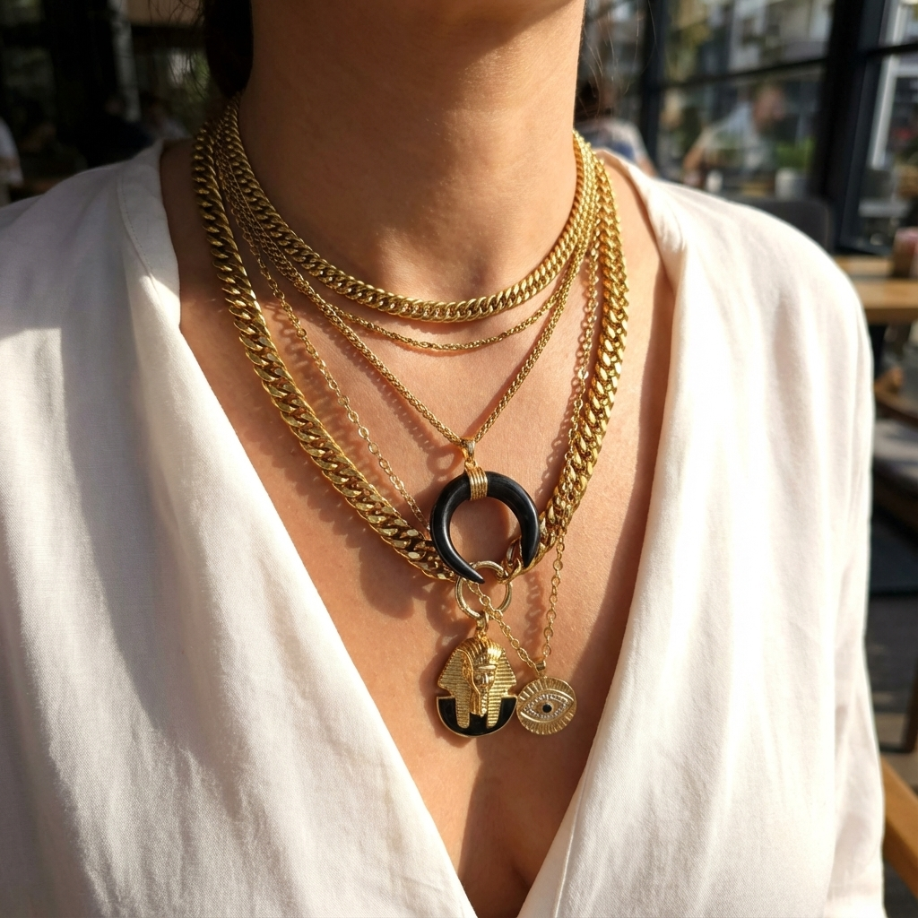 Person wearing multiple gold necklaces with pendants in an outdoor setting