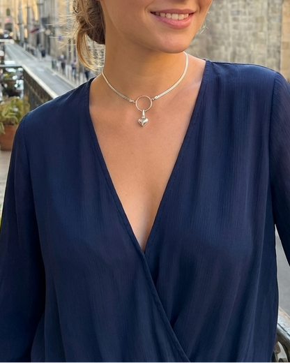 Sterling Silver Heart Discreet Day Collar Choker Necklace with Permanent Locking Ring Option - Intimate Partner Jewelry