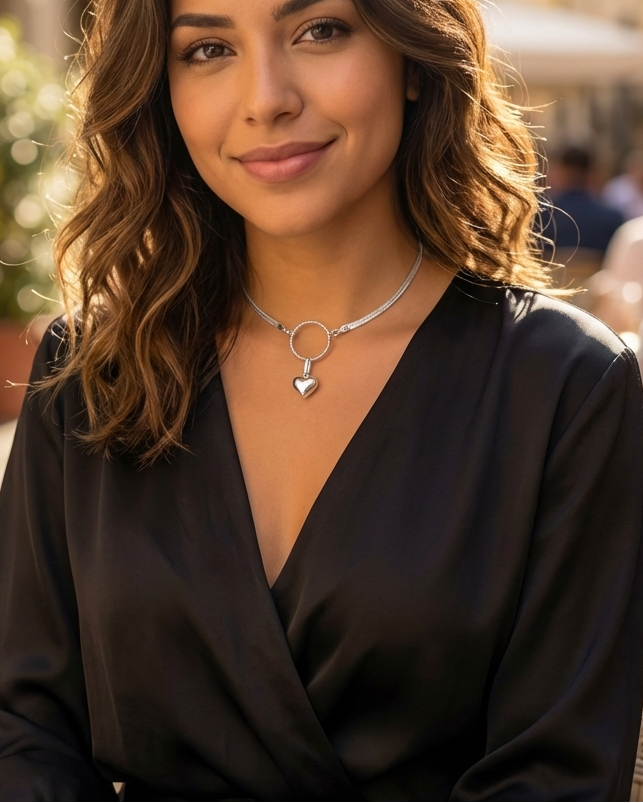 Sterling Silver Heart Discreet Day Collar Choker Necklace with Permanent Locking Ring Option - Intimate Partner Jewelry