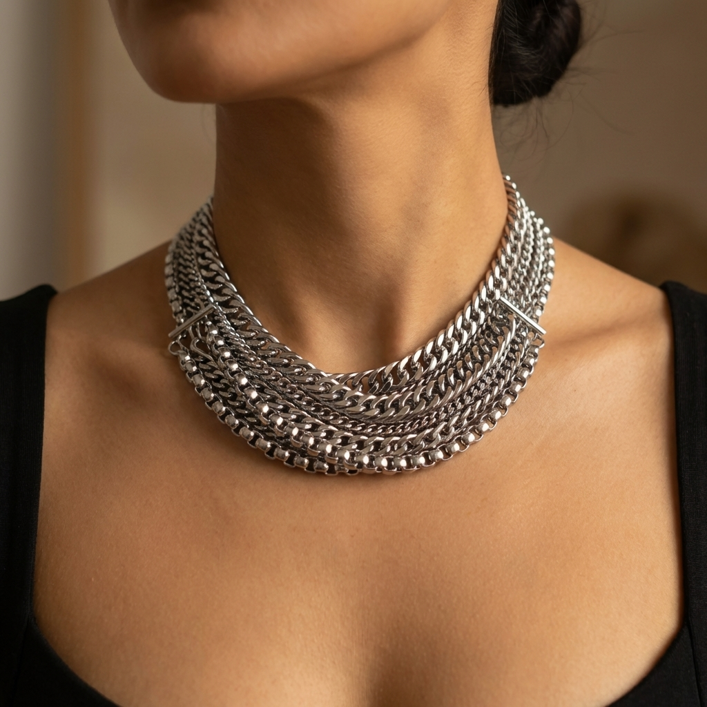 Close-up of a person wearing a silver chain necklace with a blurred background
