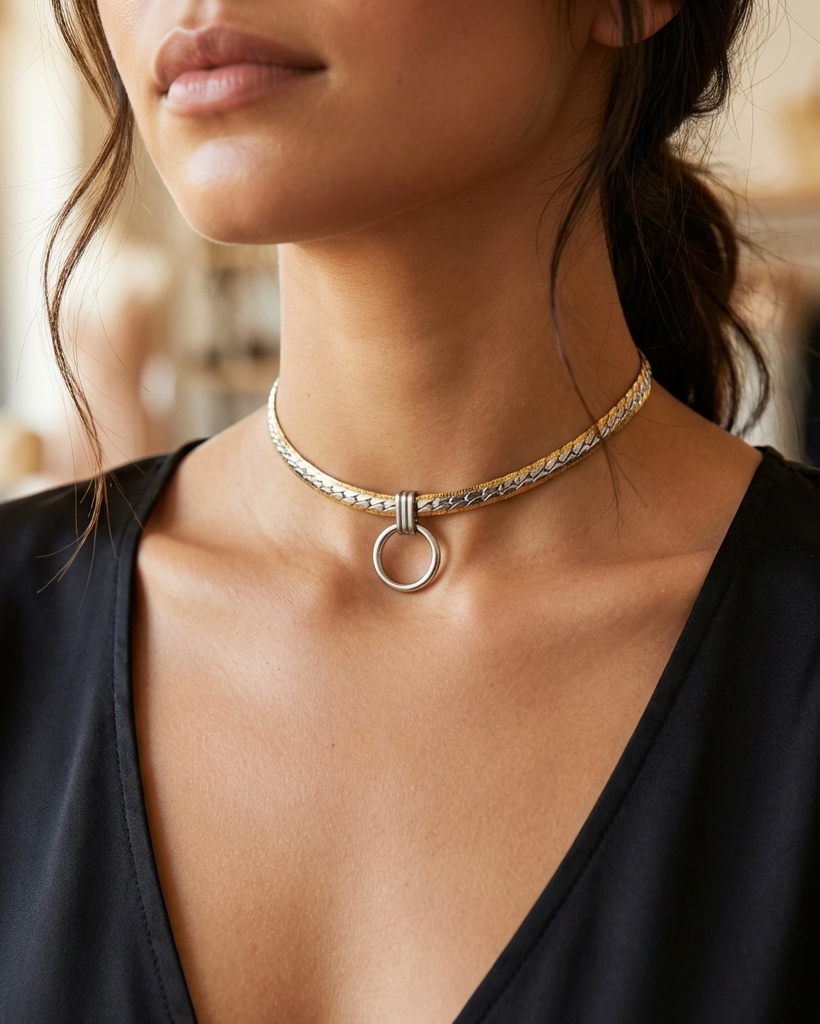 A close-up of a woman wearing a silver-toned chain choker necklace with a circular ring pendant, paired with a black V-neck top.