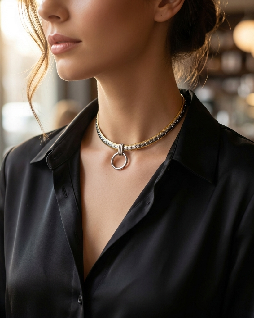 Two Tone Steel Adjustable Day Collar Necklace, O Ring Choker, Locking Option, 14–21 Inch
