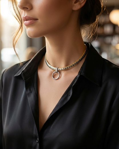Two Tone Steel Adjustable Day Collar Necklace, O Ring Choker, Locking Option, 14–21 Inch