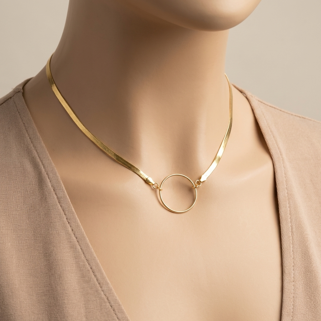 Gold Vermeil Day Collar — Herringbone Chain with O-Ring Centre | 15"–17" Adjustable