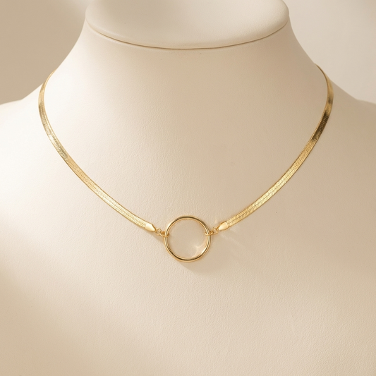 Gold Vermeil Day Collar — Herringbone Chain with O-Ring Centre | 15"–17" Adjustable