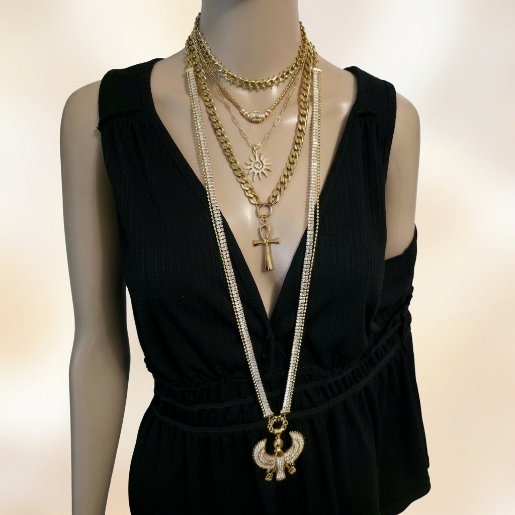 Egyptian Layered Necklace Set -- Falcon of Horus CZ Pendant and Gold Festoon Stack - 18K Gold Plated Ankh Sun Necklace - Maximalist Jewelry