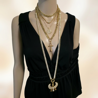 Egyptian Layered Necklace Set -- Falcon of Horus CZ Pendant and Gold Festoon Stack - 18K Gold Plated Ankh Sun Necklace - Maximalist Jewelry