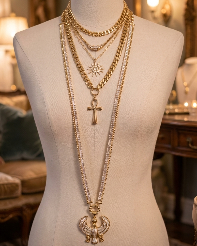 Mannequin wearing multiple gold necklaces with intricate designs in a cozy indoor setting.