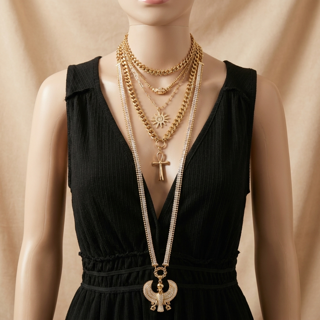 Woman wearing a black dress with multiple gold necklaces on a beige background