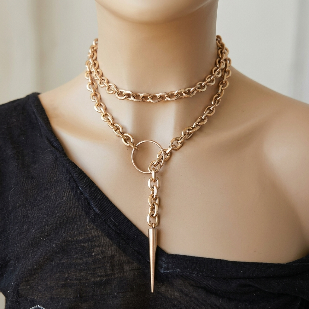 Rose Gold Steel Choker Style Layered Lariat Spike Necklace - Adjustable Clasp