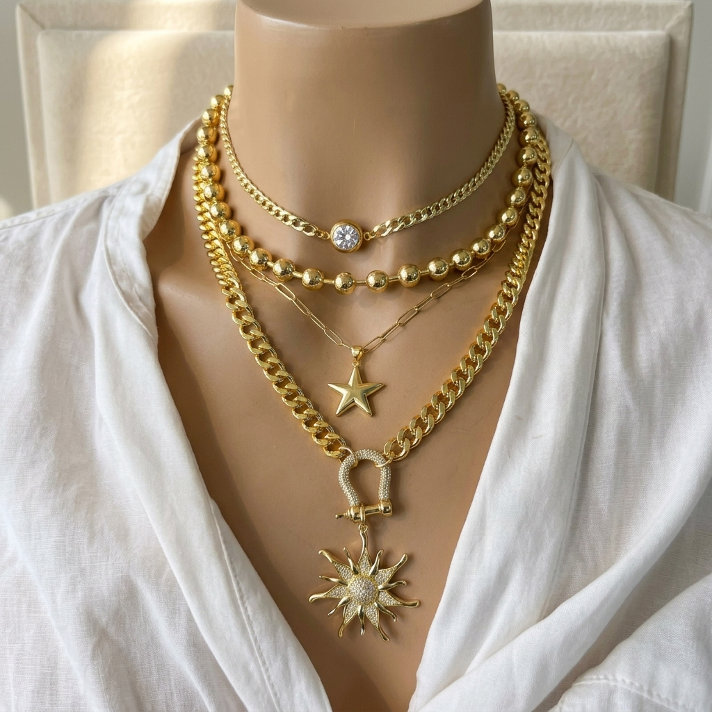 "Sól Rises" - Gold Steel Layered Chunky Chain Sun Star Pendant Necklace Set