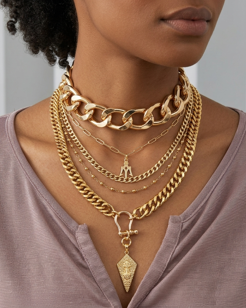A close-up of a model wearing a layered gold necklace set, including a chunky chain choker, a curb chain, a rope chain, and a delicate chain with a small pendant and a larger diamond-shaped pendant, paired with a mauve-colored top.
