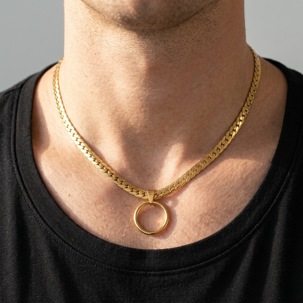 Masc Style Gold Steel Day Collar, O-Ring Pendant, Precision Fit with Locking Option - Herringbone Chain Symbolic Necklace