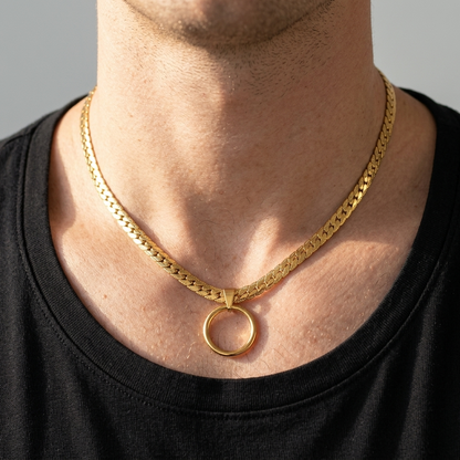 Masc Style Gold Steel Day Collar, O-Ring Pendant, Precision Fit with Locking Option - Herringbone Chain Symbolic Necklace