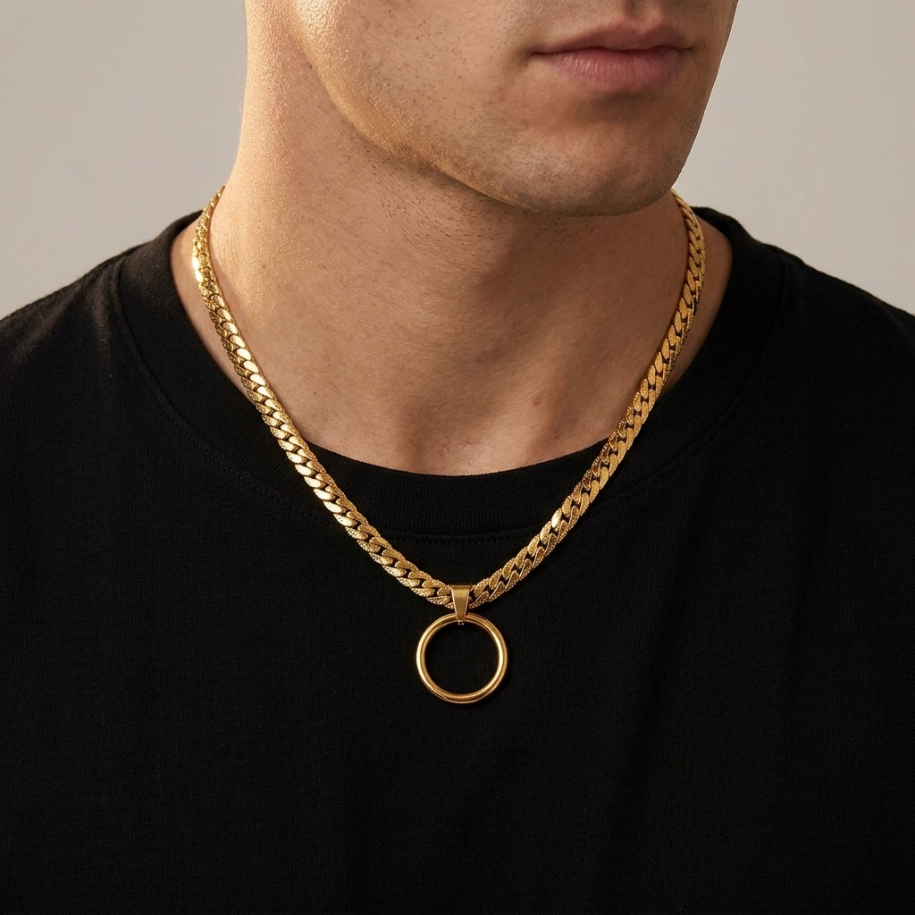 Masc Style Gold Steel Day Collar, O-Ring Pendant, Precision Fit with Locking Option - Herringbone Chain Symbolic Necklace