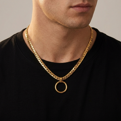Masc Style Gold Steel Day Collar, O-Ring Pendant, Precision Fit with Locking Option - Herringbone Chain Symbolic Necklace