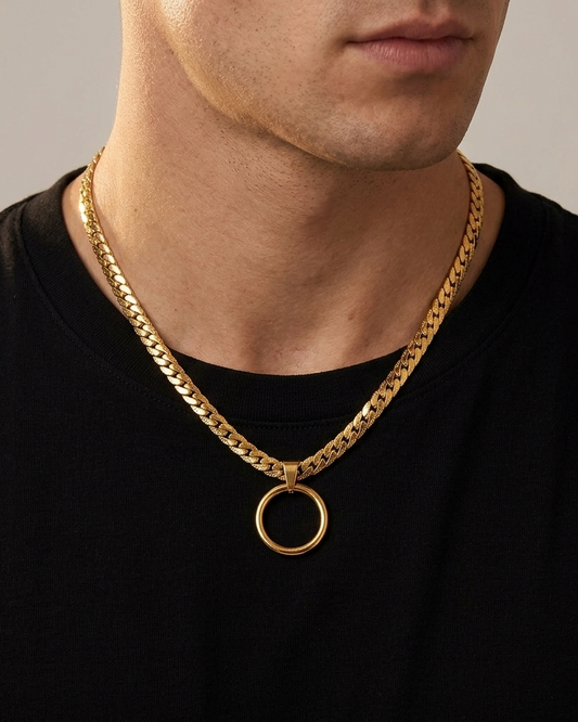 Herren Gold Stahl Tag Halsband, gehämmert O-Ring-Anhänger, Locking Option - Fischgrätenkette Symbolische Halskette