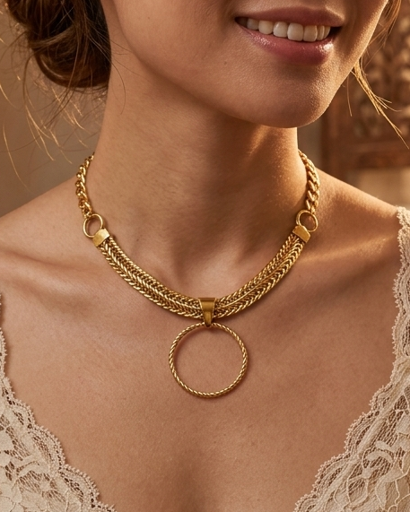 A woman wearing a gold necklace with a circular pendant and layered chain details, styled with a cream lace top in a warm, sunlit indoor setting with flowers and a lantern in the background.