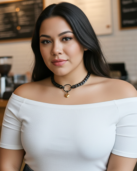 Steel Sub Day Collar Choker Necklace with Heart Lock, Intimate Couples Jewelry Permanent Locking Clasp Option, Gift for Her, Couples