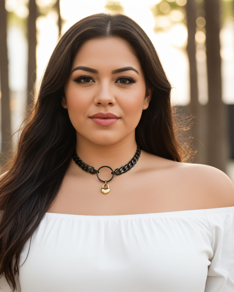 Woman wearing a white off-shoulder top and black choker with a heart pendant in a forest setting.