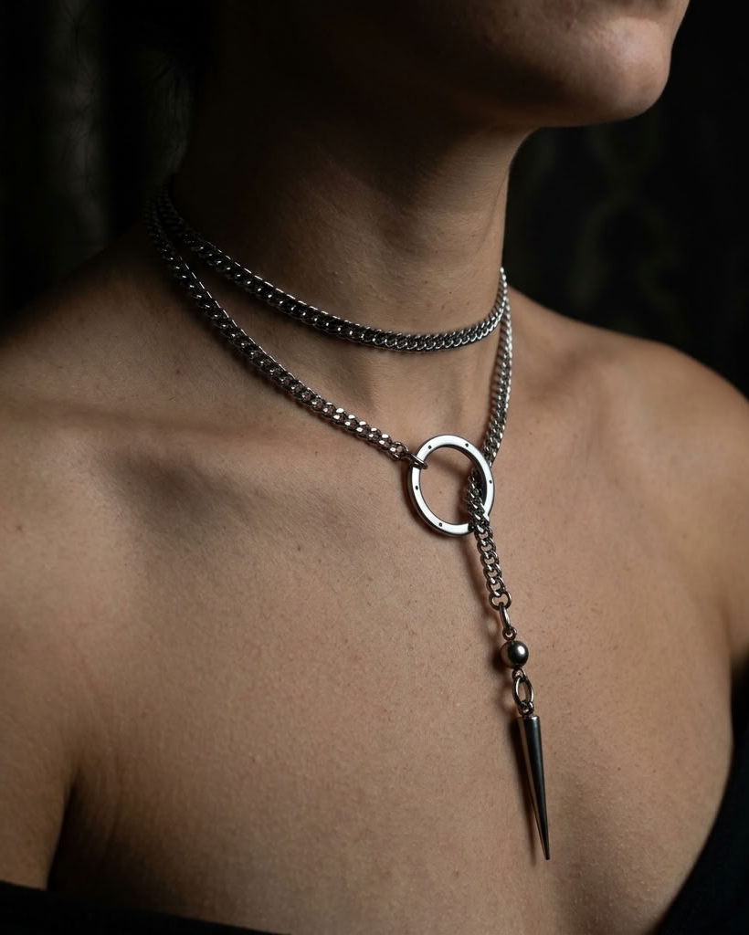 A close-up of a model's neck and upper chest wearing a layered silver-toned necklace with a choker chain, a longer chain featuring a circular ring pendant, and a dangling spike charm.