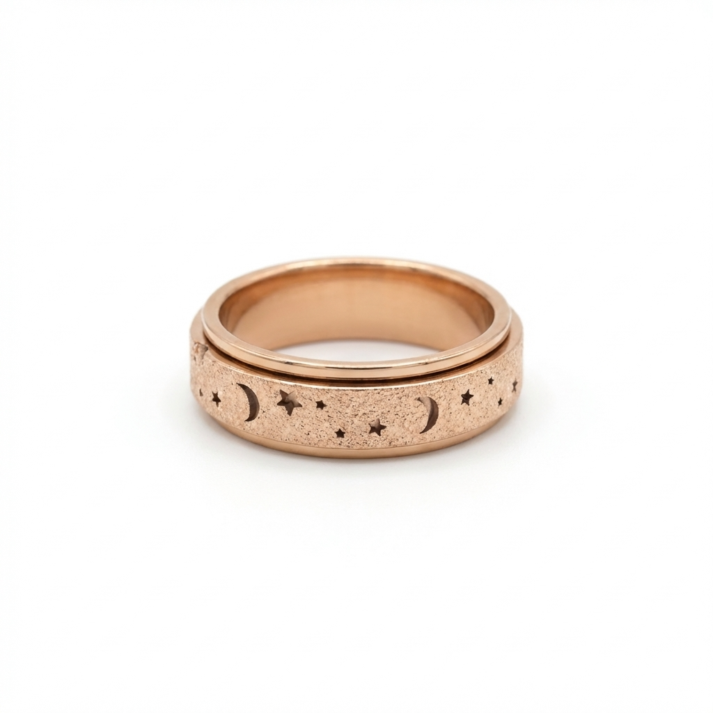 Rose Gold Steel Sparkle Celestial Night Spinner Fidget Ring