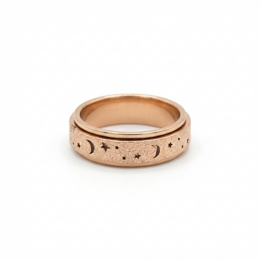 Rose Gold Steel Sparkle Celestial Night Spinner Fidget Ring