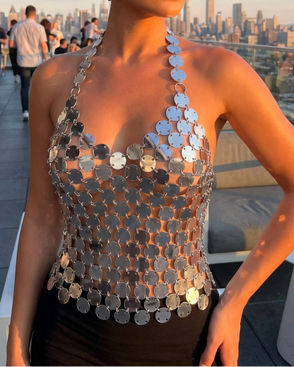 Hot Pink Disc Body Chain Halter Top  – Festival Gala Goddess Formal Accessory