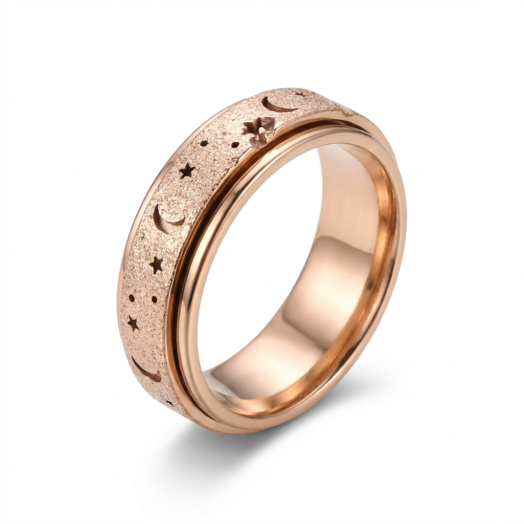 Rose Gold Steel Sparkle Celestial Night Spinner Fidget Ring