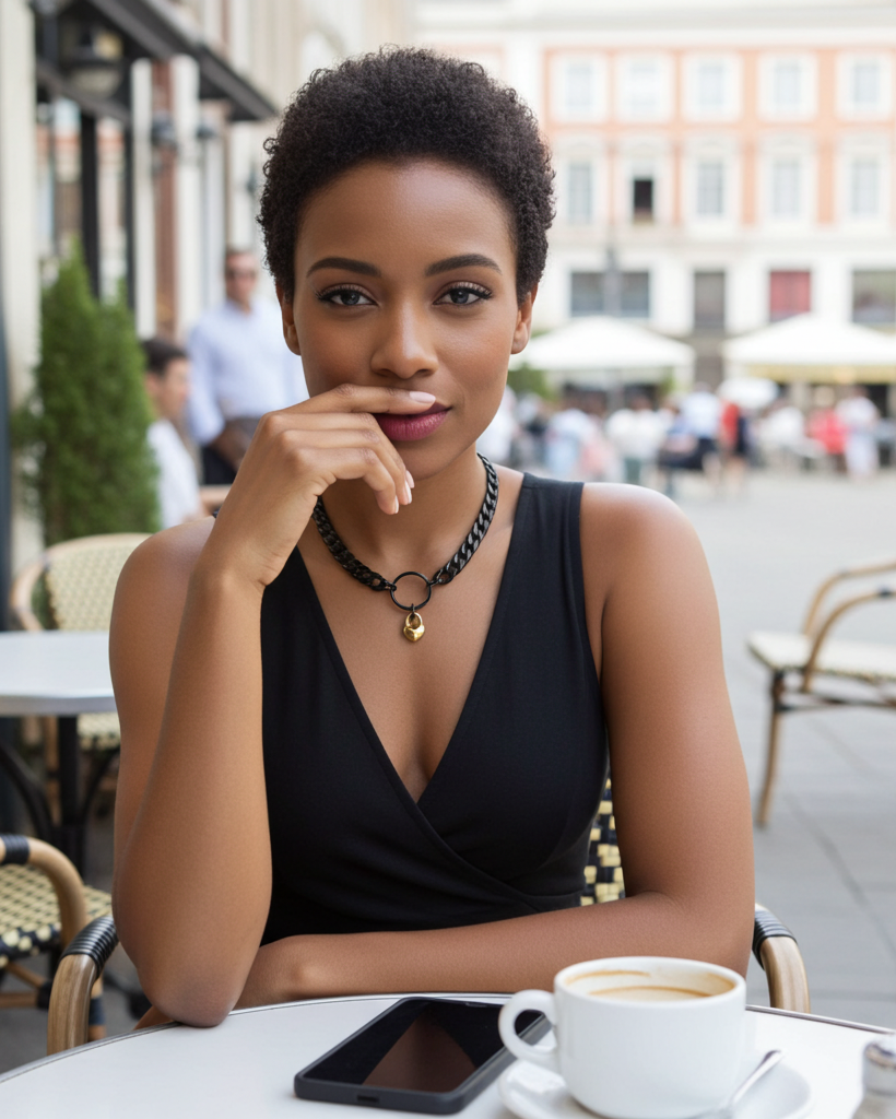 Woman sitting at an outdoor cafe table with a cup of coffee and smartphone.