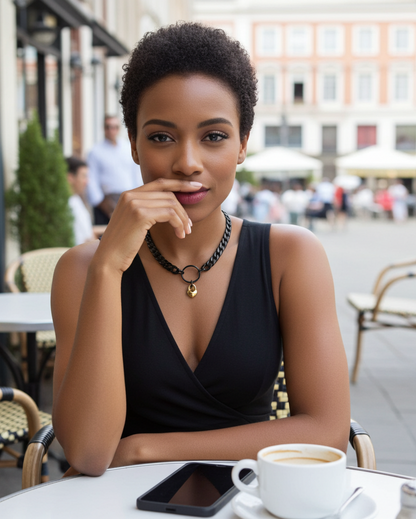 Woman sitting at an outdoor cafe table with a cup of coffee and smartphone.