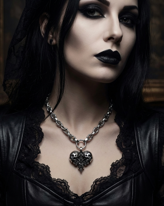 Skulls Heart Pendant Steel Chunky Chain Necklace: Heavy Metal