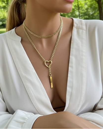 Gold Steel Slip Chain Lariat Wrap Heart & Bar pendant | Intimate Tuggable Jewelry for Couples