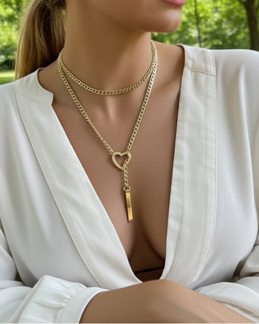 Gold Steel Slip Chain Lariat Wrap Heart & Bar pendant | Intimate Tuggable Jewelry for Couples