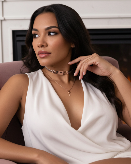Rose Gold Tone Steel Locking Choker Necklace: Intimate Couples Day Collar with Key