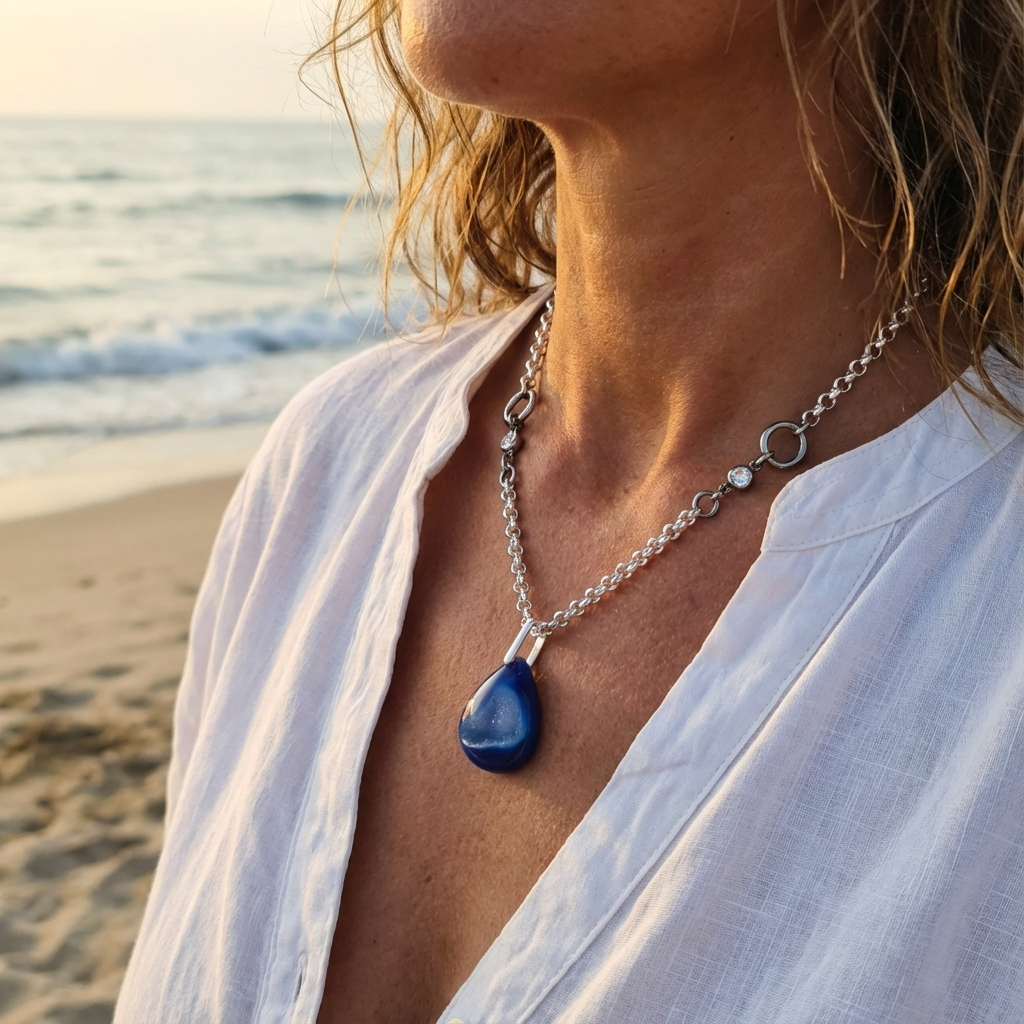 Person wearing a necklace with a blue pendant on a beach