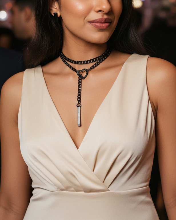 Gothic Slip Chain Black Steel Lariat Choker Wrap Necklace Heart & Bar pendant